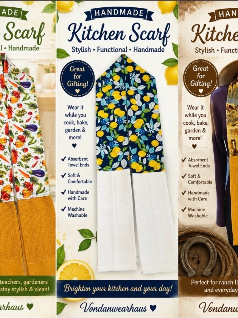 Hand Crafted Navy Lemon Print Kitchen Scarf with White Towel Ends